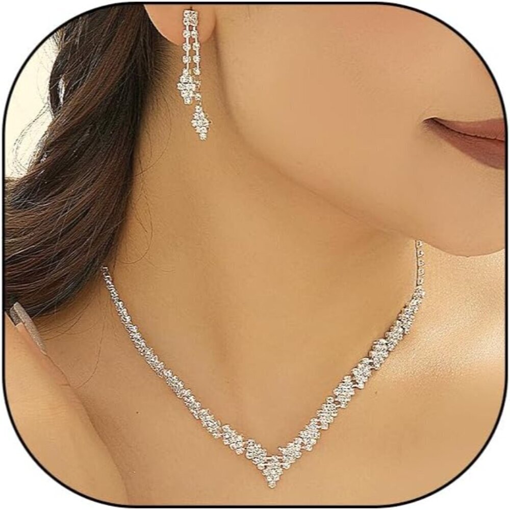 Bridal Jewelry Set Rhinestone Crystal Dangle Earrings & Choker for Women